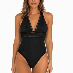 Sea Level Swim One Piece Swimsuit Women‎ US 10 Black Mesh Insert V-Neck Chic